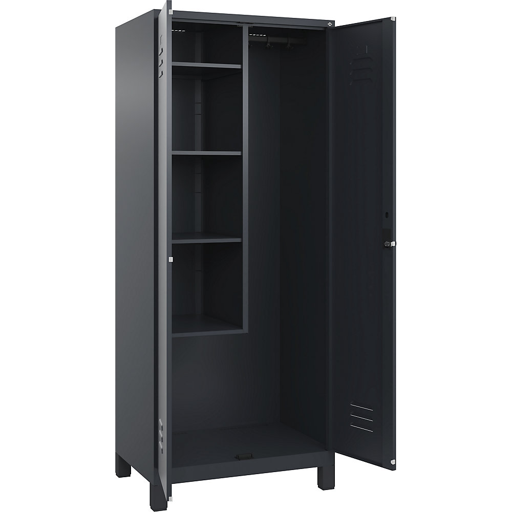 Putzmittelspind Classic PLUS, 1 Abteil, Trennwand mittig, verkürzt, grau, B 800 mm, mit Füßen, Drehriegel C+P