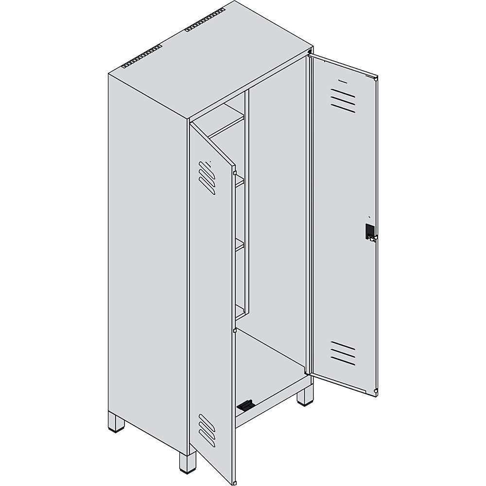 Putzmittelspind Classic PLUS, 1 Abteil, Trennwand mittig, verkürzt, grau, B 800 mm, mit Füßen, Drehriegel C+P 2