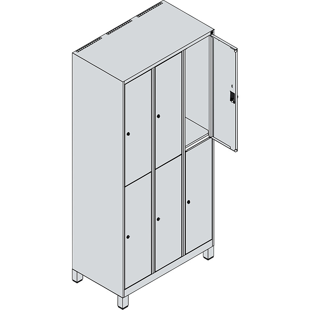 Doppelstock-Spind Classic PLUS, 3 Abteile, lichtgrau, HxB 1950 x 900 mm, mit Füßen, Drehriegel C+P 2