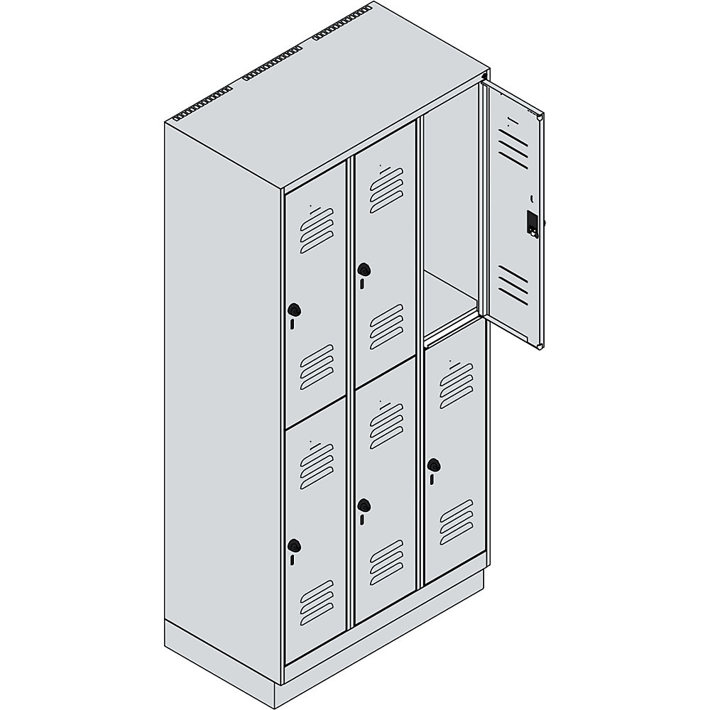 Doppelstock-Spind Classic PLUS, 3 Abteile, lichtgrau, HxB 1950 x 900 mm, mit Bodensockel, Drehriegel C+P 2