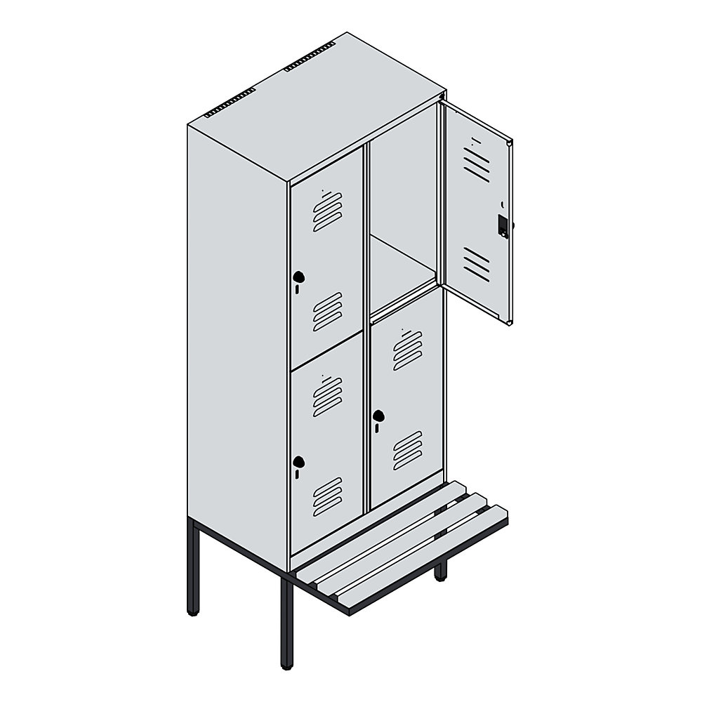 Doppelstock-Spind Classic PLUS Sitzbank, 2 Abteile, verkehrsweiß, B 800 mm, Sicherheits-Drehriegel, auskragend, Buche-Hartholz C+P 2