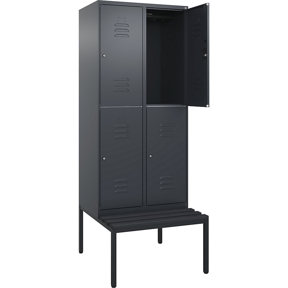 C+P Kledingkast Classic PLUS met twee verdiepingen en zitbank, 2 compartimenten, grijs, b = 800 mm, cilinderslot, ondergebouwd, kunststof