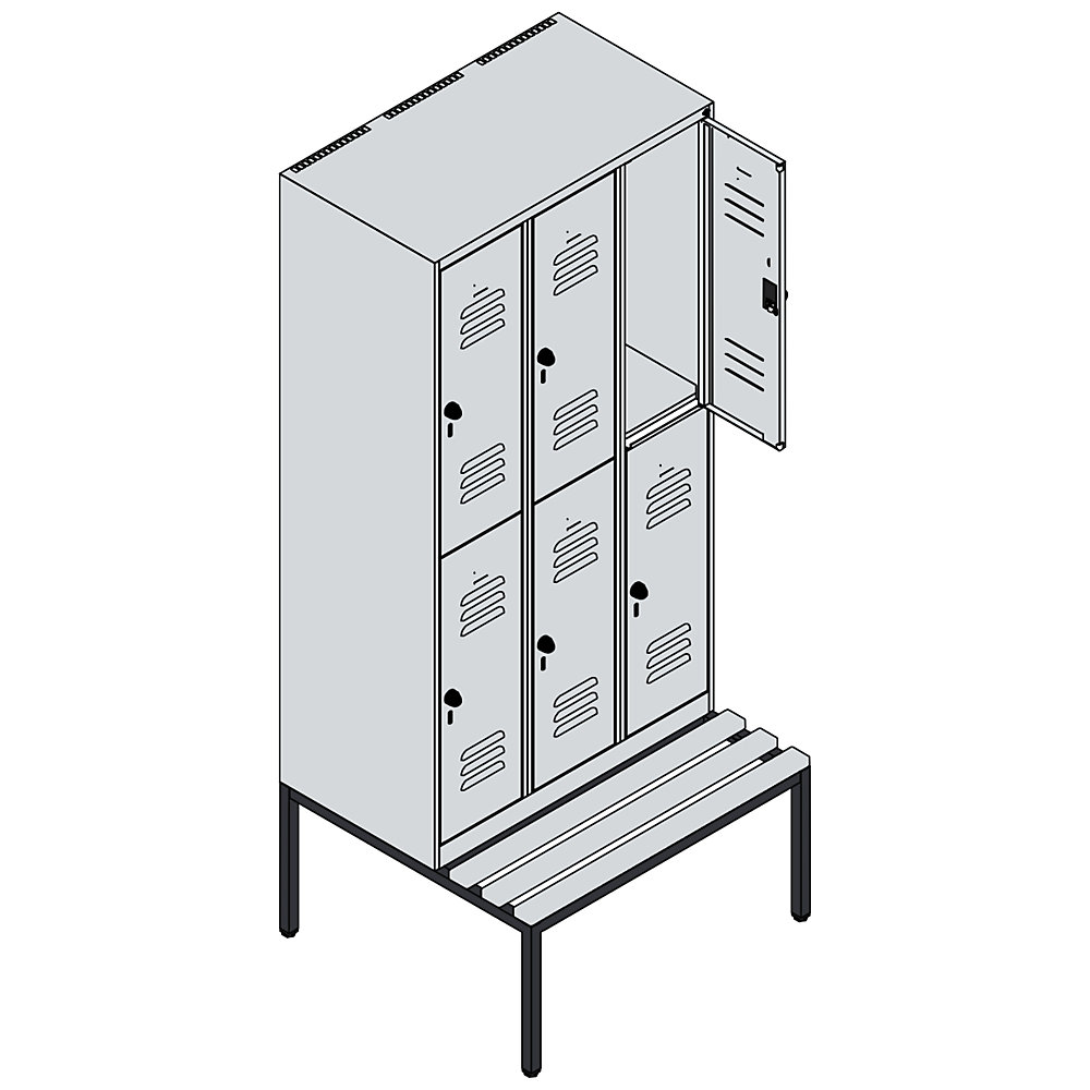 Doppelstock-Spind Classic PLUS Sitzbank, 3 Abteile, lichtgrau, B 900 mm, Sicherheits-Drehriegel, untergebaut, Buche-Hartholz C+P 2