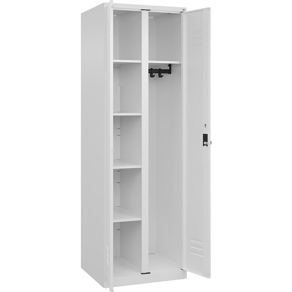 Putzmittelspind Classic PLUS, 1 Abteil, Trennwand mittig, verkehrsweiß, B 600 mm, mit Bodengleitern, Drehriegel C+P