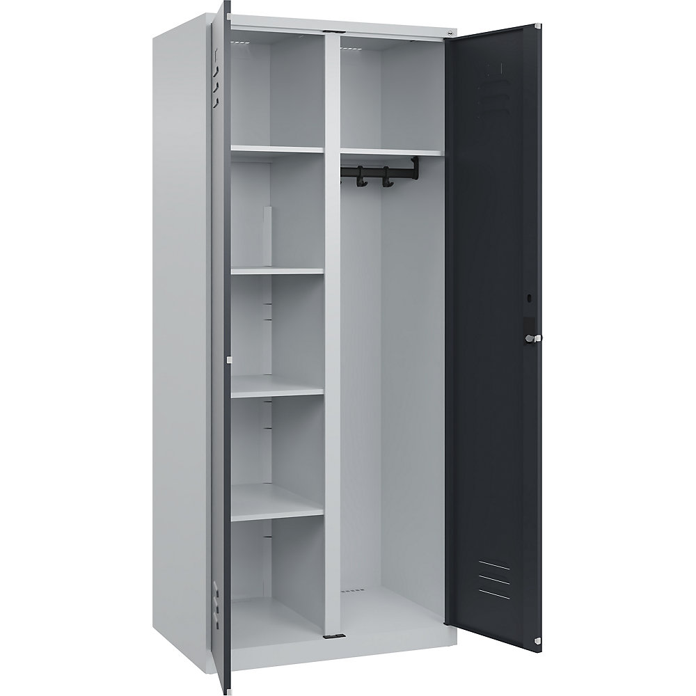 Putzmittelspind Classic PLUS, 1 Abteil, Trennwand mittig, lichtgrau / grau, B 800 mm, mit Bodengleitern, Drehriegel C+P