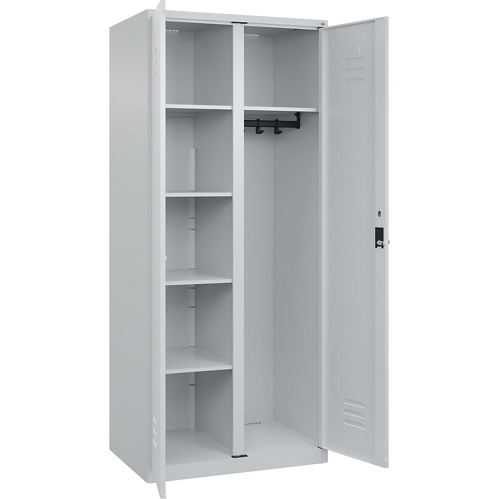 Putzmittelspind Classic PLUS, 1 Abteil, Trennwand mittig, lichtgrau, B 800 mm, mit Bodengleitern, Drehriegel C+P