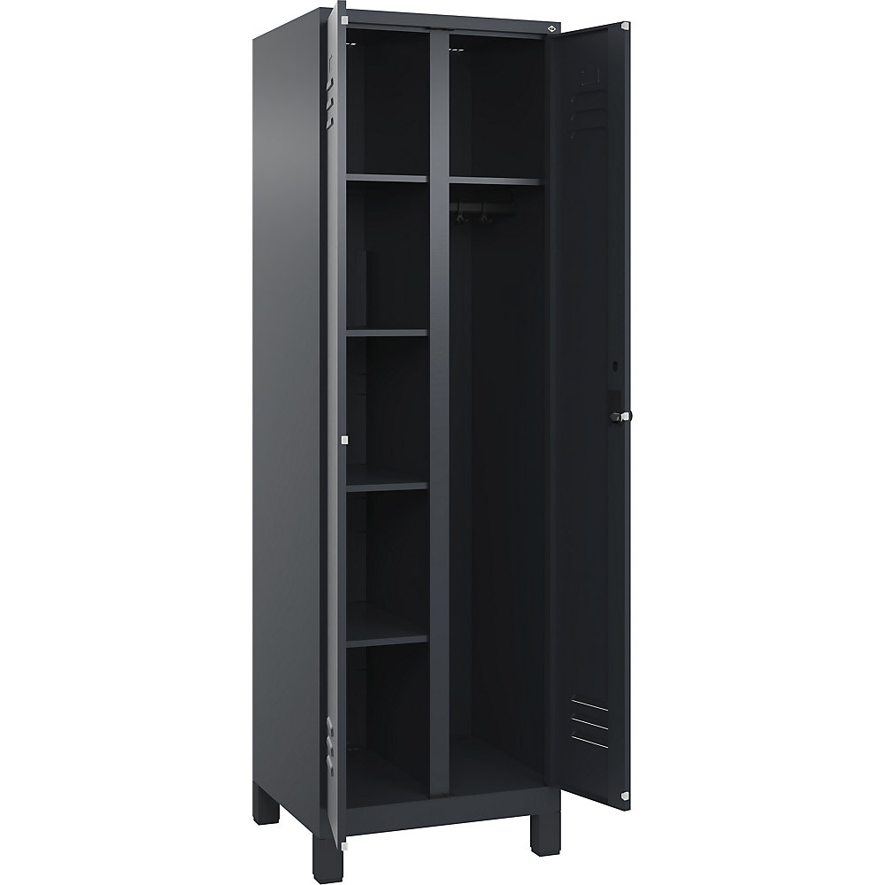 Putzmittelspind Classic PLUS, 1 Abteil, Trennwand mittig, grau, B 600 mm, mit Füßen, Drehriegel C+P