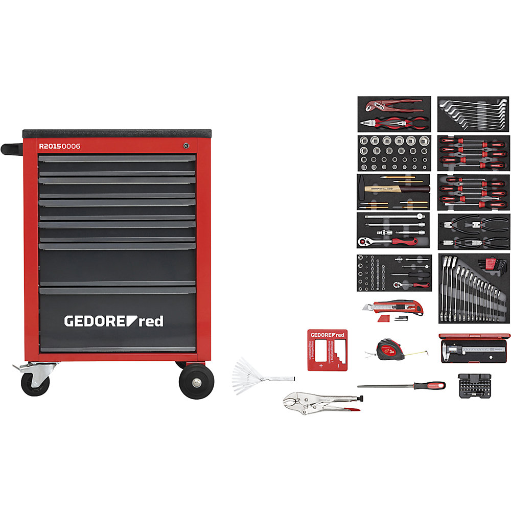 GEDORE Carro de taller MECHANIC, 6 cajones, 166 piezas, rojo/negro, H x A x P 910 x 628 x 418 mm