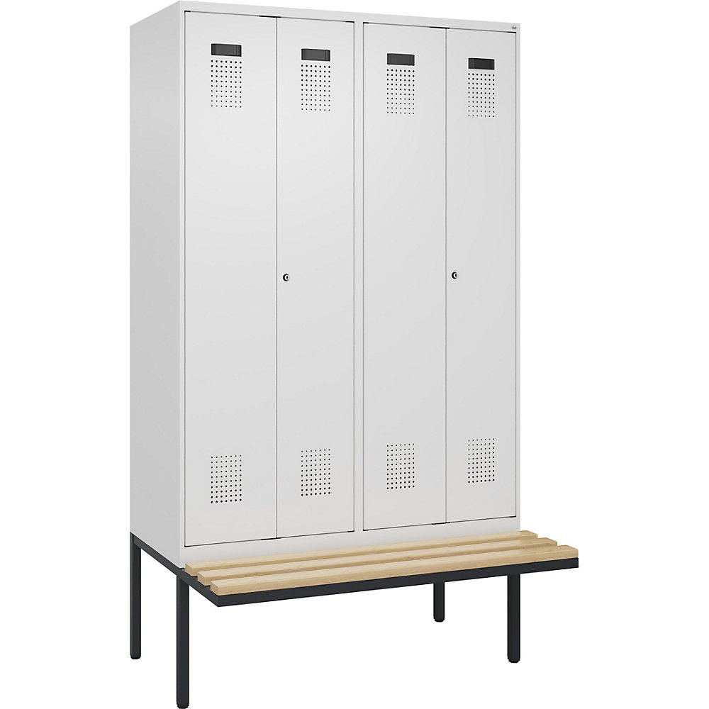 kaiserkraft Schwarz-Weiß-Spind Evolo PLUS Sitzbank, 4 Abteile, verkürzte Trennwand mittig, weiß, B 1200 mm, Zylinderschloss, mit auskragender Sitzbank, Buche 2