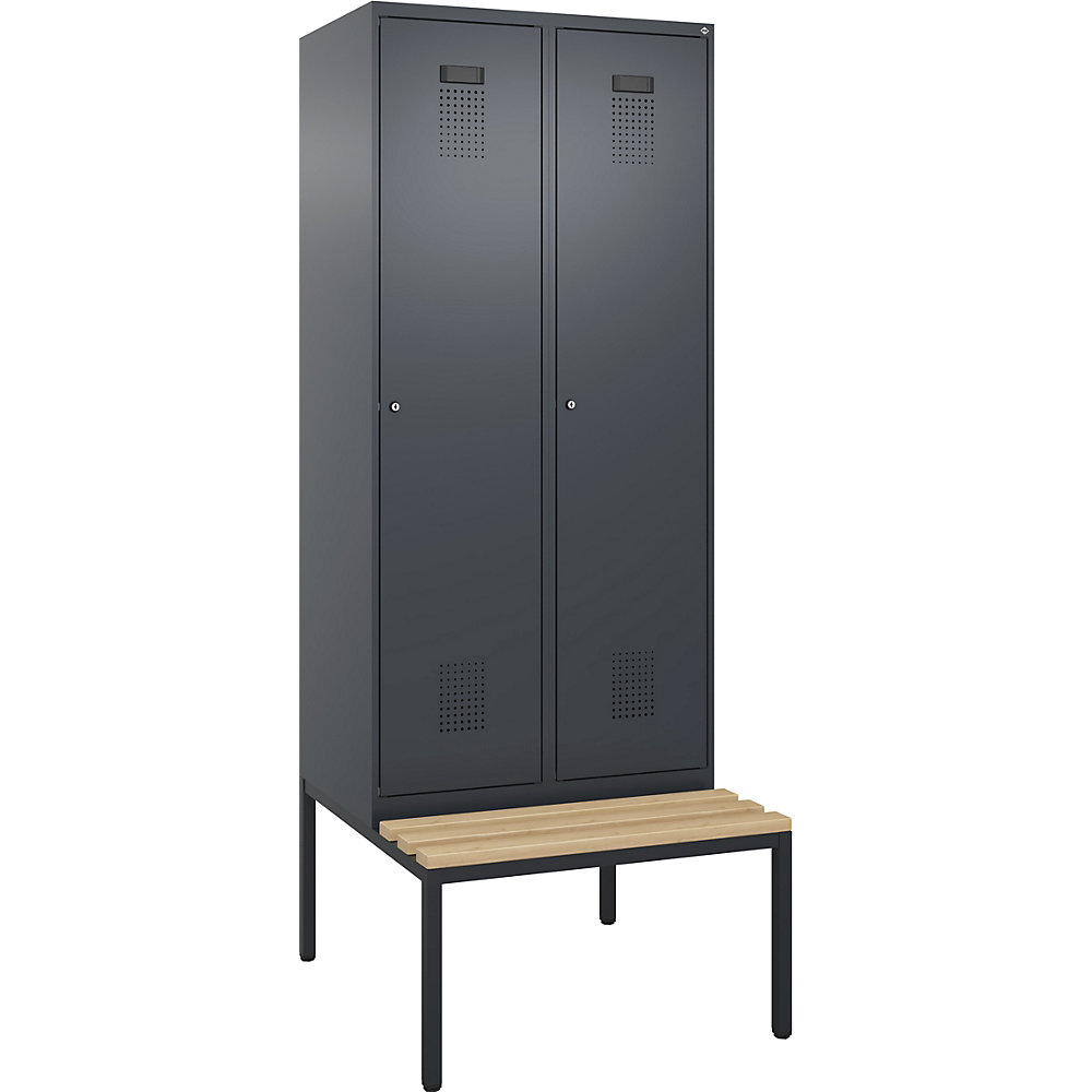 kaiserkraft Schwarz-Weiß-Spind Evolo PLUS Sitzbank, schmal, 2 Abteile, verkürzte Trennwand mittig, grau, B 800 mm, Zylinderschloss, mit untergebauter Sitzbank, 2