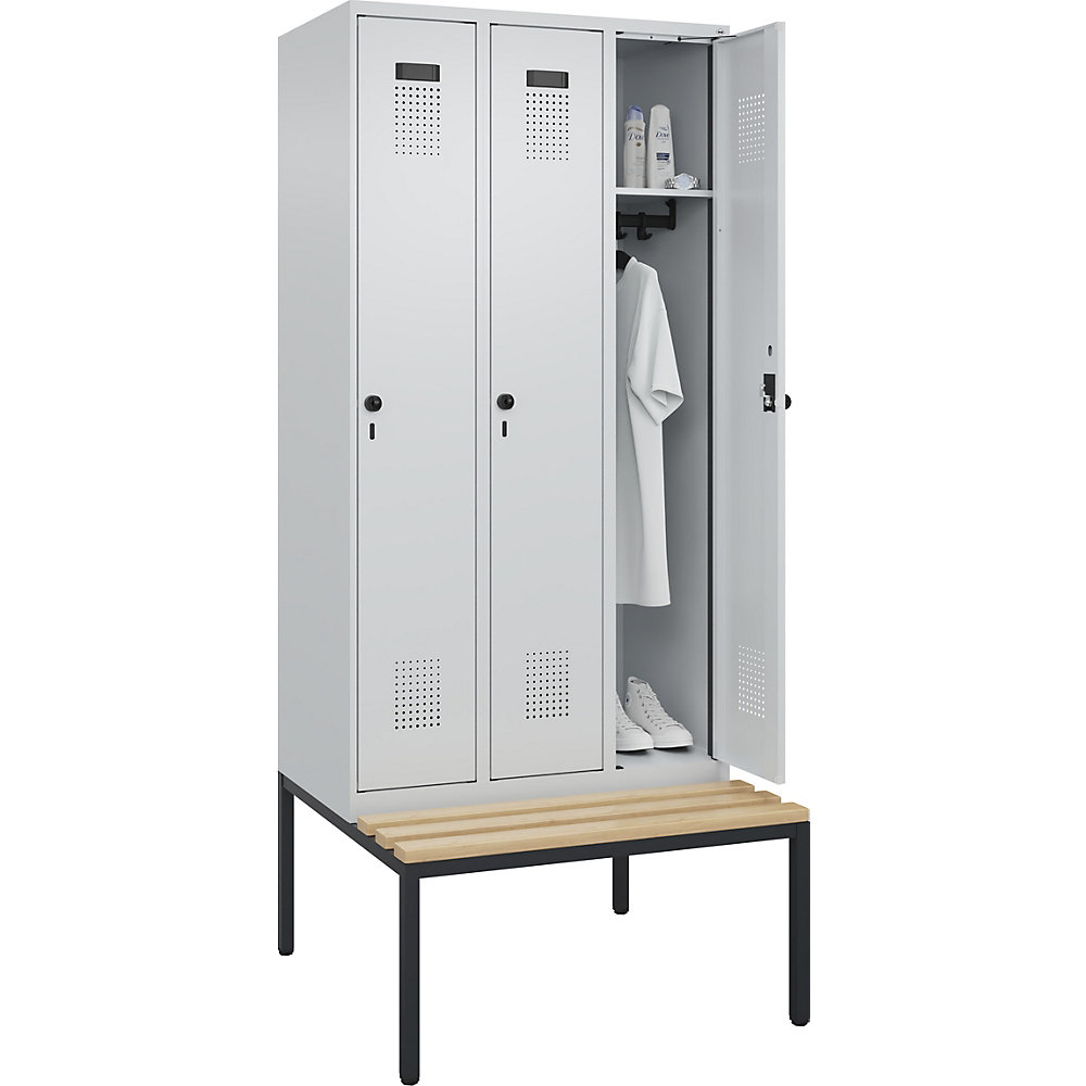 Kaiserkraft Spind Evolo PLUS mit Sitzbank, 3 Abteile, lichtgrau 2