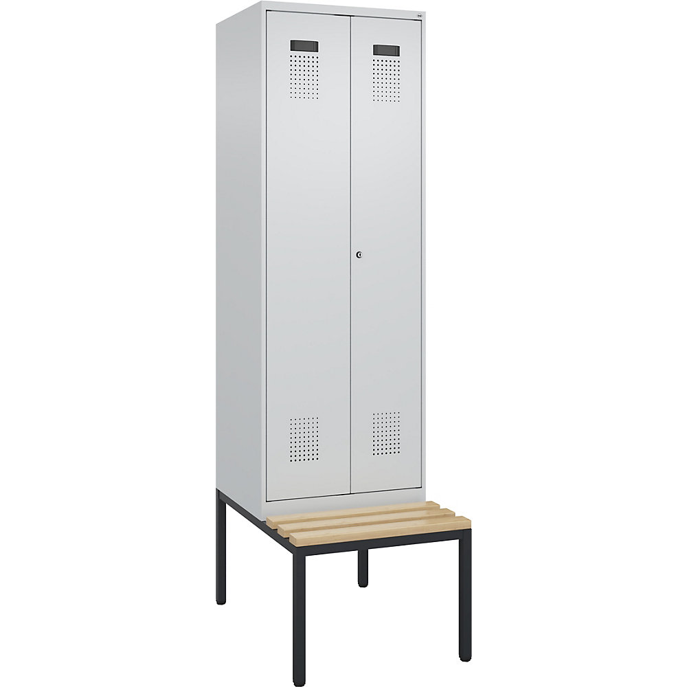 kaiserkraft Schwarz-Weiß-Spind Evolo PLUS Sitzbank, 2 Abteile, verkürzte Trennwand mittig, lichtgrau / lichtgrau, B 600 mm, Zylinderschloss, mit untergebauter 2