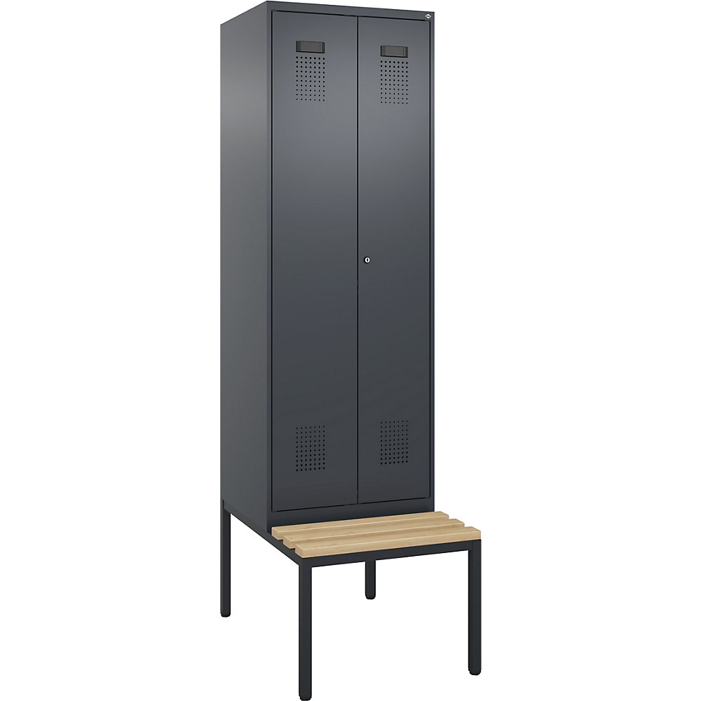 kaiserkraft Schwarz-Weiß-Spind Evolo PLUS Sitzbank, 2 Abteile, verkürzte Trennwand mittig, grau, B 600 mm, Zylinderschloss, mit untergebauter Sitzbank, Buche 2
