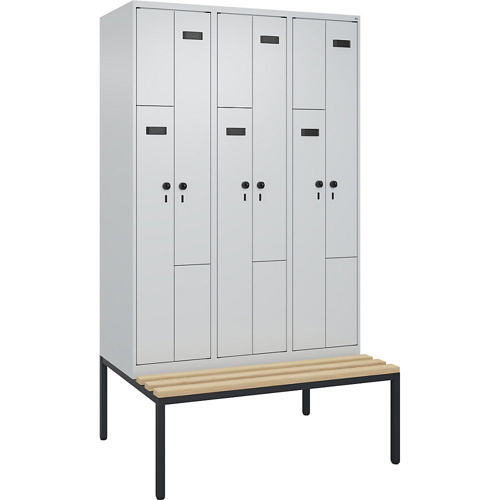 kaiserkraft Z-Spind Evolo PLUS Sitzbank, 3 Abteile, lichtgrau / lichtgrau, B 1200 mm, Sicherheits-Drehriegel, mit untergebauter Sitzbank, Buche 2