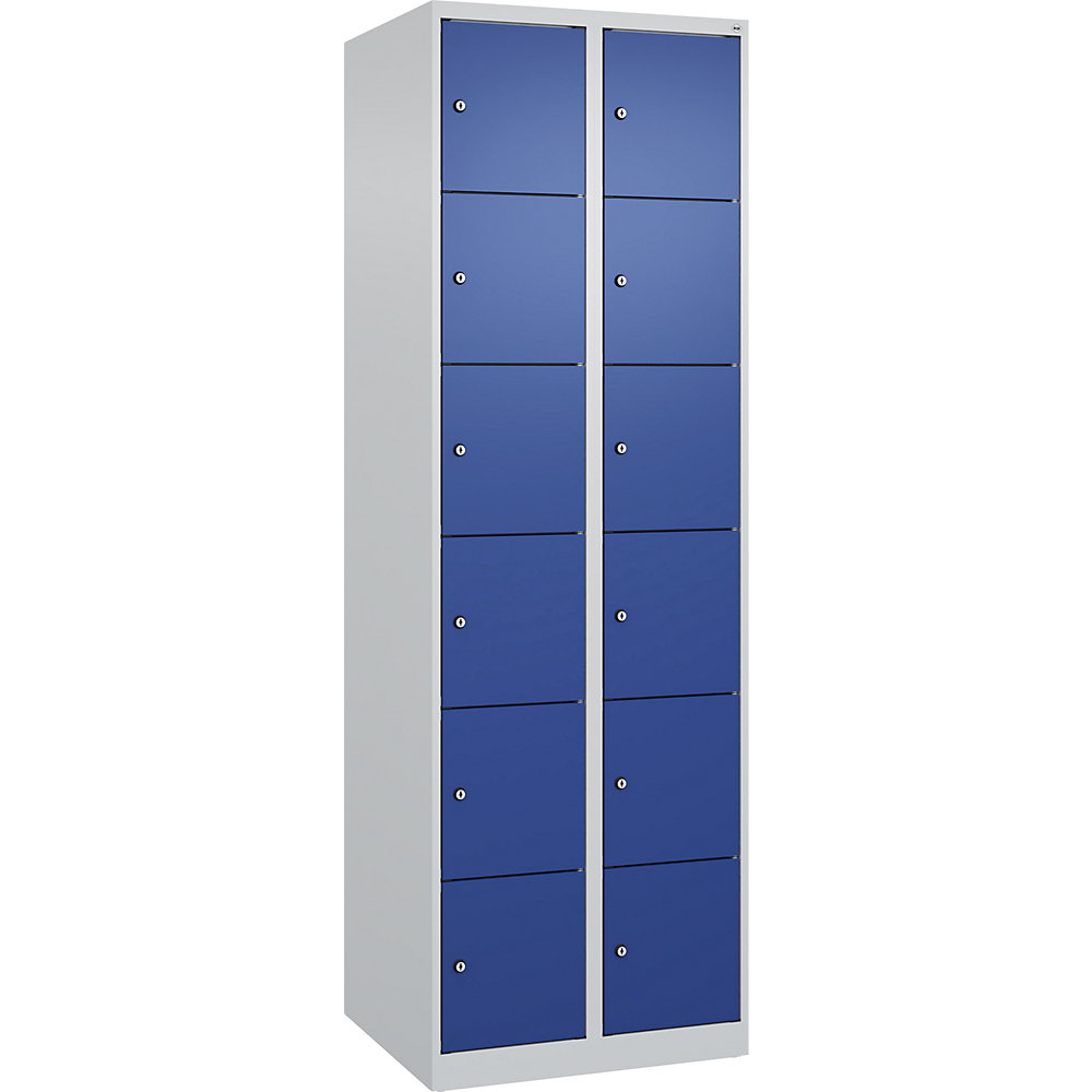 kaiserkraft 6er-Schließfachschrank Evolo PLUS, 2 Abteile, lichtgrau / enzianblau, B 600 mm, 12 Fächer, mit Bodengleitern, Zylinderschloss 2
