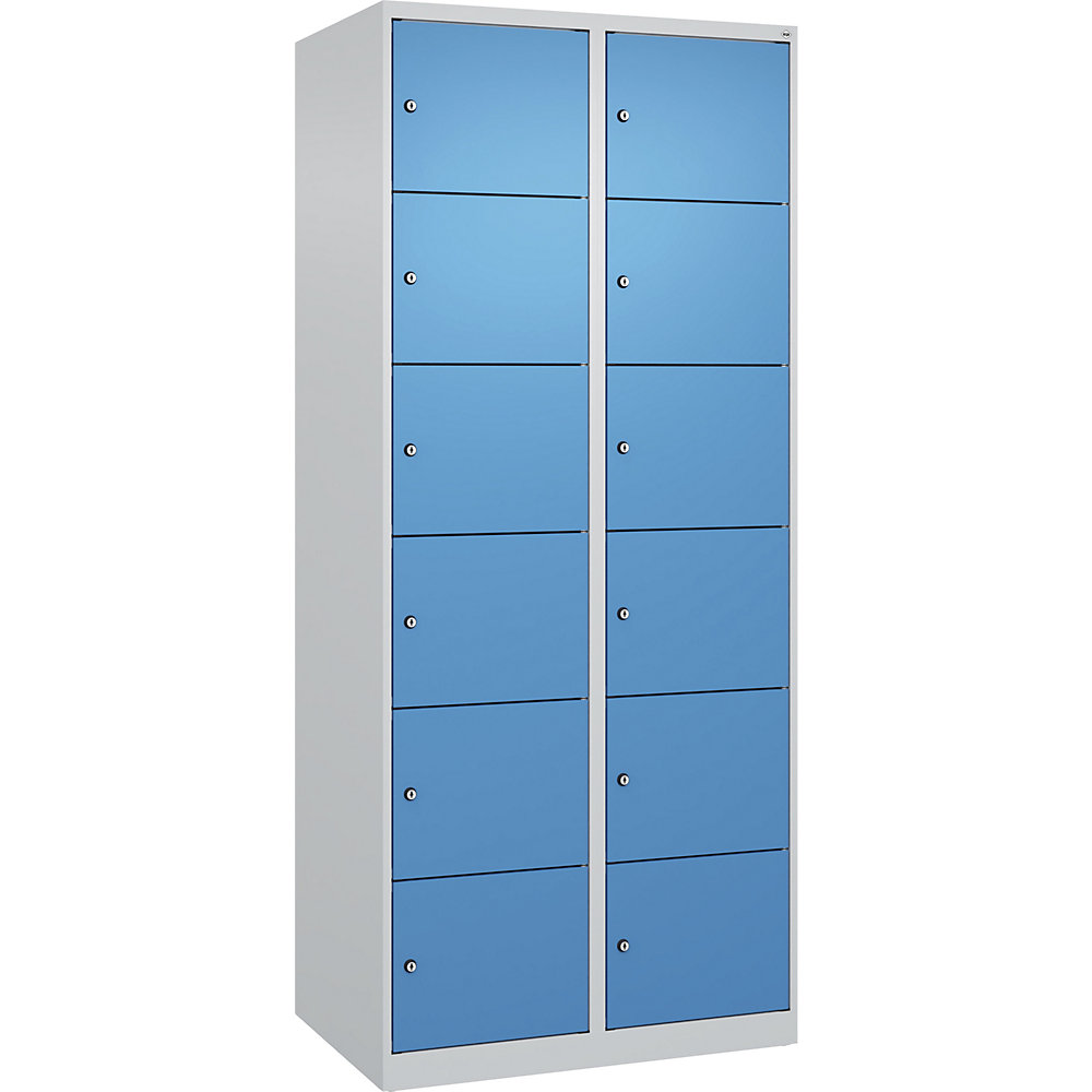 kaiserkraft 6er-Schließfachschrank Evolo PLUS, 2 Abteile, lichtgrau / lichtblau, B 800 mm, 12 Fächer, mit Bodengleitern, Zylinderschloss 2