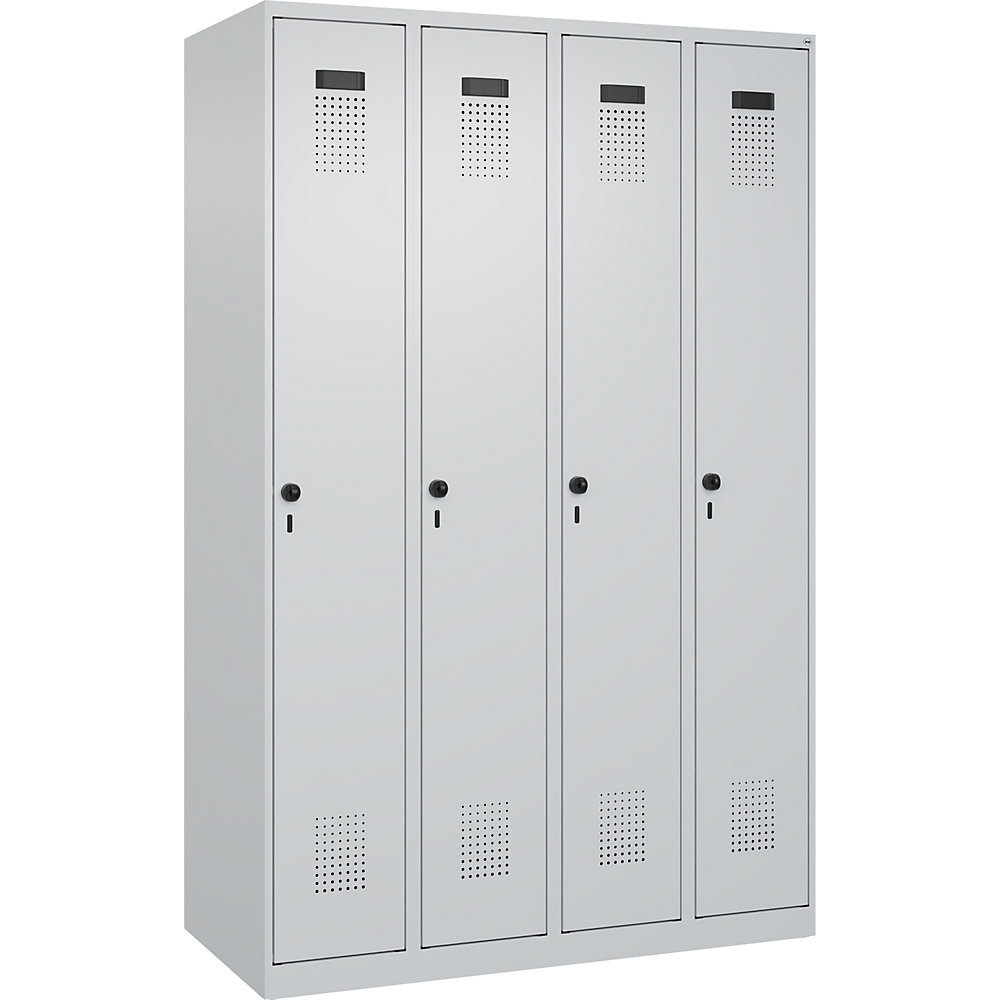 kaiserkraft Schwarz-Weiß-Spind Evolo PLUS, schmal, 4 Abteile, verkürzte Trennwand mittig, lichtgrau, B 1200 mm, mit Bodengleitern, Sicherheits-Drehriegel 2