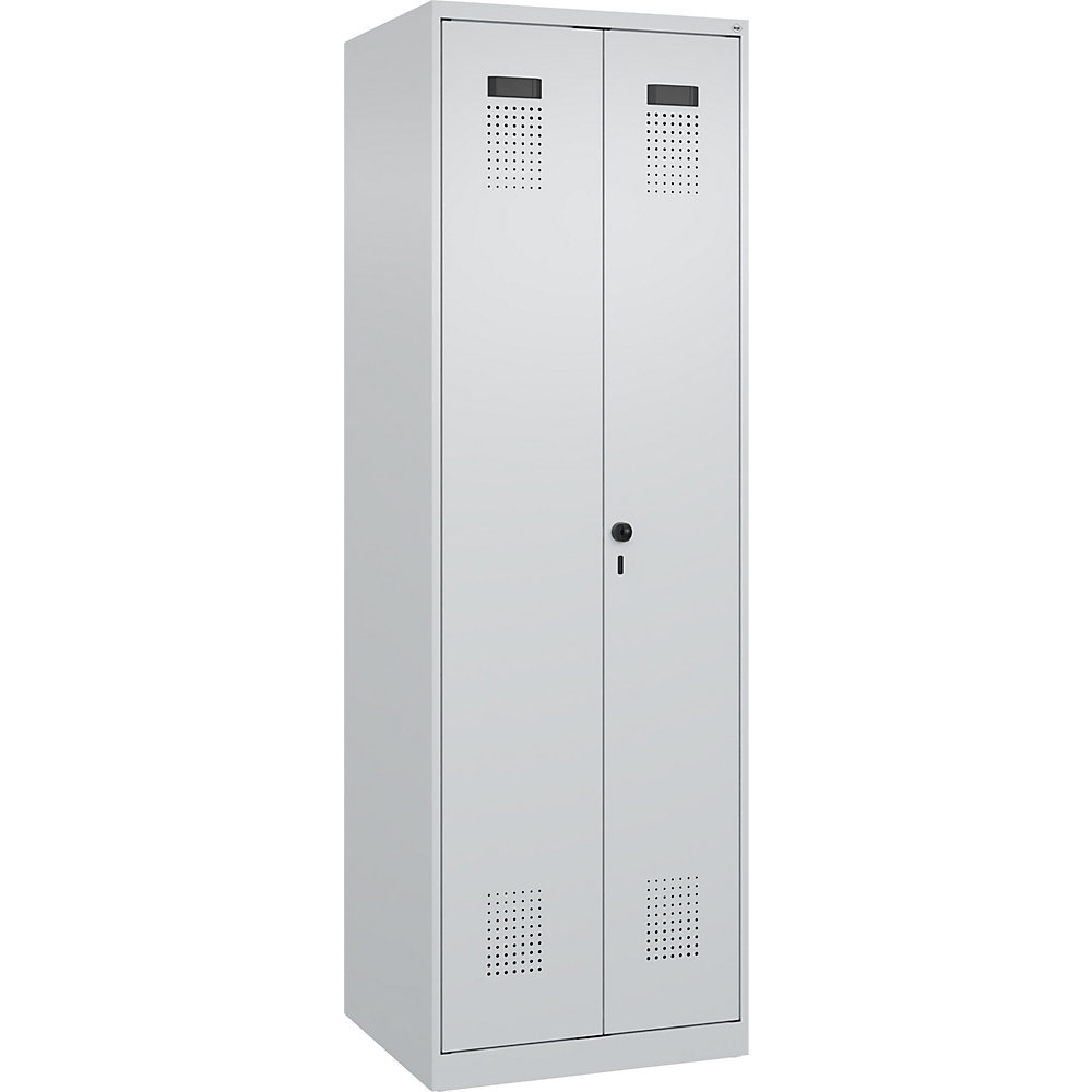kaiserkraft Schwarz-Weiß-Spind Evolo PLUS, 1 Abteil, verkürzte Trennwand mittig, lichtgrau, B 600 mm, mit Bodengleitern, Sicherheits-Drehriegel 2