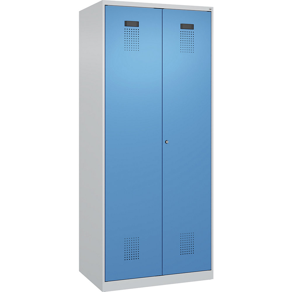 kaiserkraft Schwarz-Weiß-Spind Evolo PLUS, 1 Abteil, verkürzte Trennwand mittig, lichtgrau / lichtblau, B 800 mm, mit Bodengleitern, Zylinderschloss 2