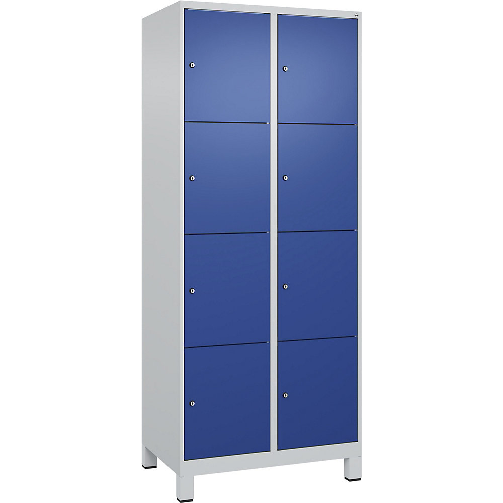 kaiserkraft 4er-Schließfachschrank Evolo PLUS, 2 Abteile, lichtgrau / enzianblau, B 800 mm, 8 Fächer, mit breiten Füßen, Zylinderschloss 2