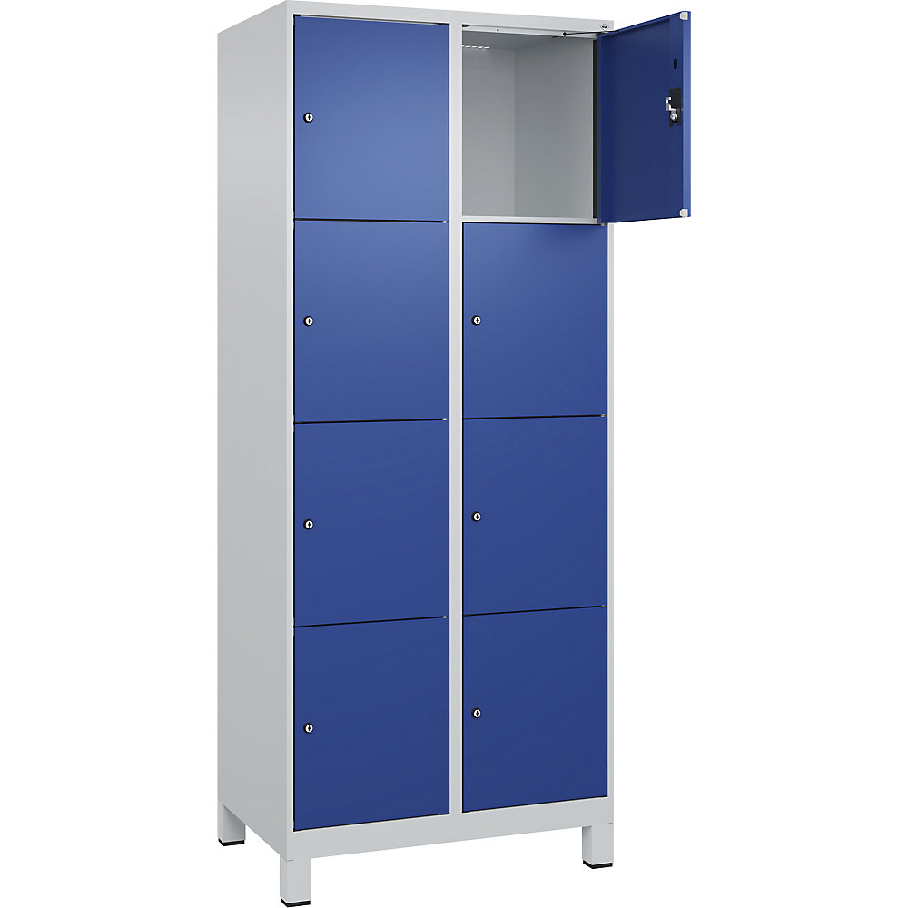 kaiserkraft 4er-Schließfachschrank Evolo PLUS, 2 Abteile, lichtgrau / enzianblau, B 800 mm, 8 Fächer, mit breiten Füßen, Zylinderschloss