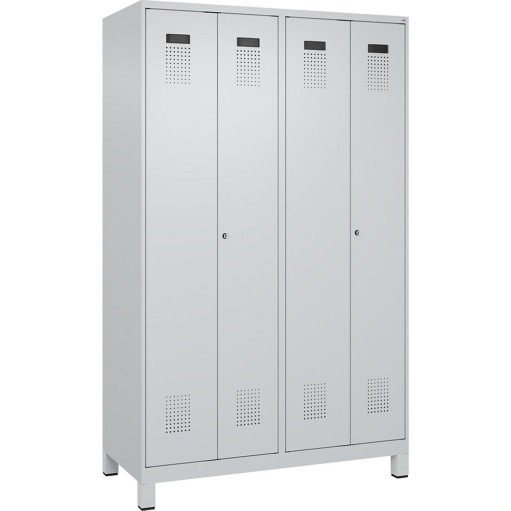 kaiserkraft Schwarz-Weiß-Spind Evolo PLUS, 2 Abteile, verkürzte Trennwand mittig, lichtgrau, B 1200 mm, mit breiten Füßen, Zylinderschloss 2
