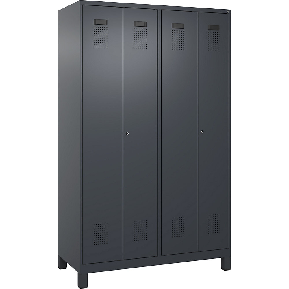 kaiserkraft Schwarz-Weiß-Spind Evolo PLUS, 2 Abteile, verkürzte Trennwand mittig, grau, B 1200 mm, mit breiten Füßen, Zylinderschloss 2