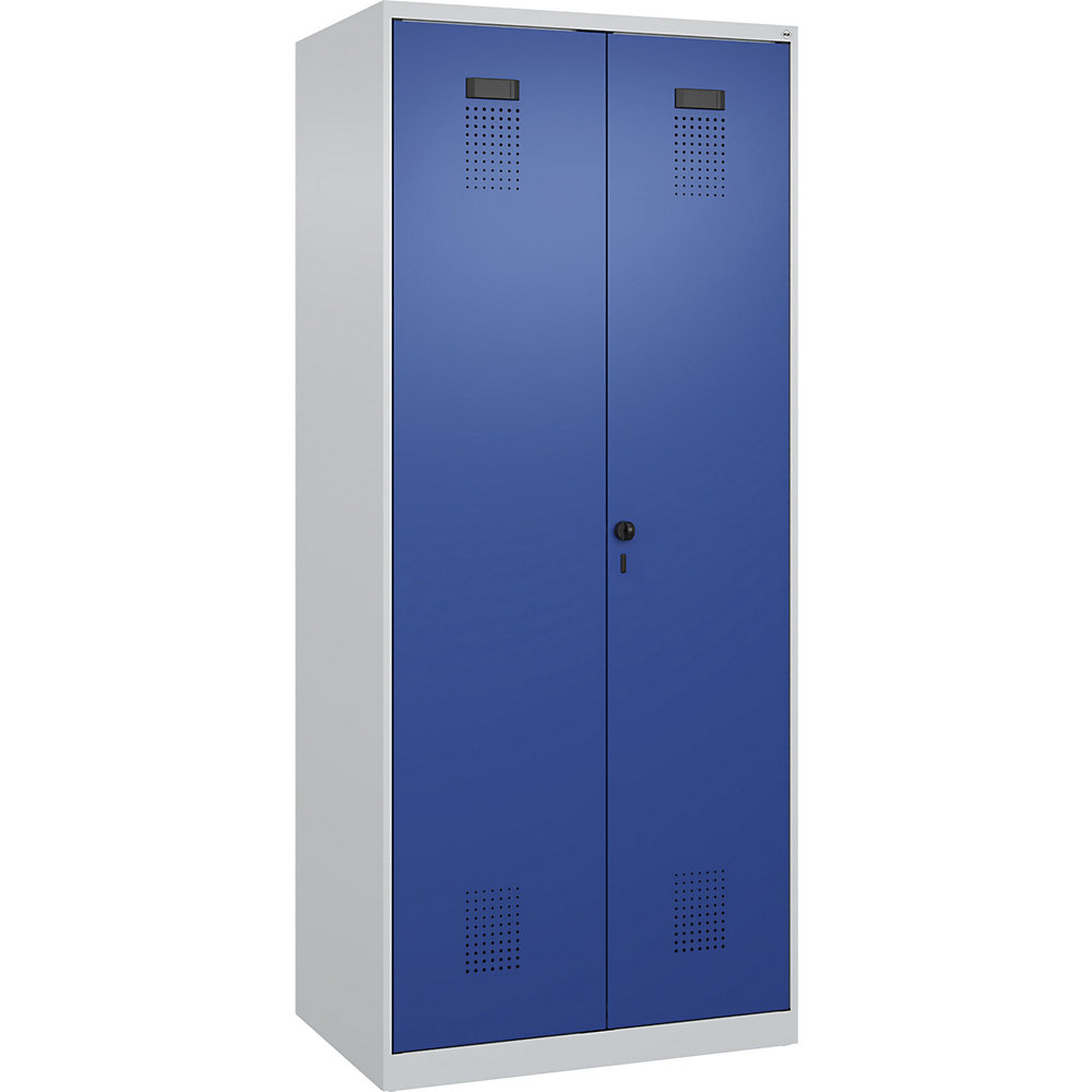 kaiserkraft Putzmittelspind Evolo PLUS, 1 Abteil, Trennwand mittig, lichtgrau / enzianblau, B 800 mm, mit Bodengleitern, Sicherheits-Drehriegel 2