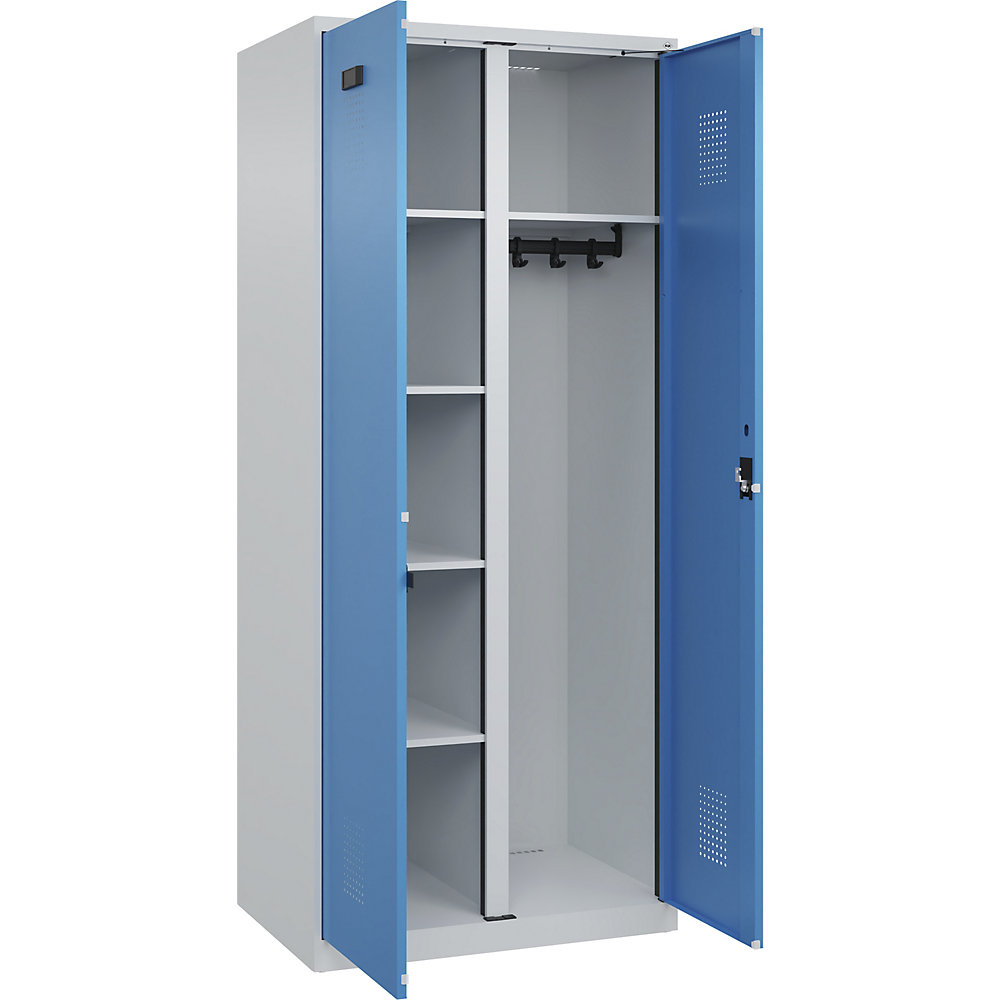 kaiserkraft Putzmittelspind Evolo PLUS, 1 Abteil, Trennwand mittig, lichtgrau / lichtblau, B 800 mm, mit Bodengleitern, Zylinderschloss