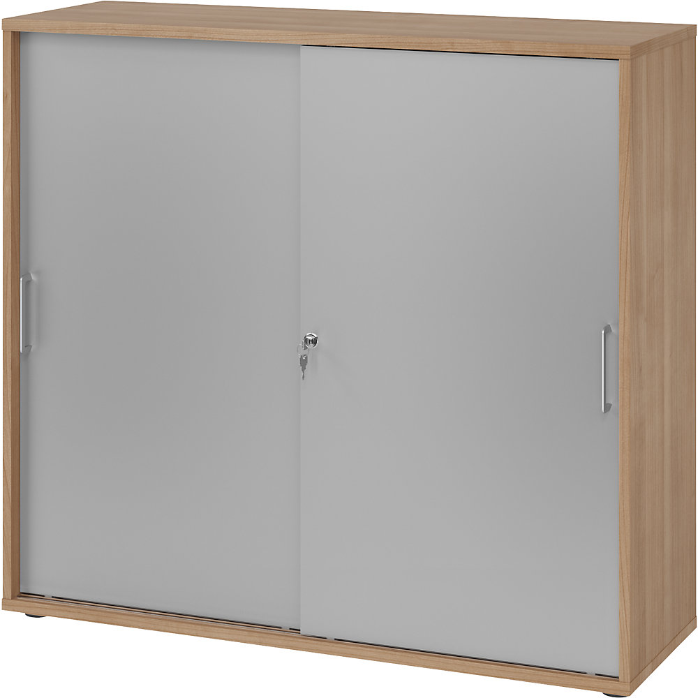 Schiebetürenschrank, Höhe 1100 mm, 2 Fachböden, Nussbaum-Dekor / alusilber eurokraft pro
