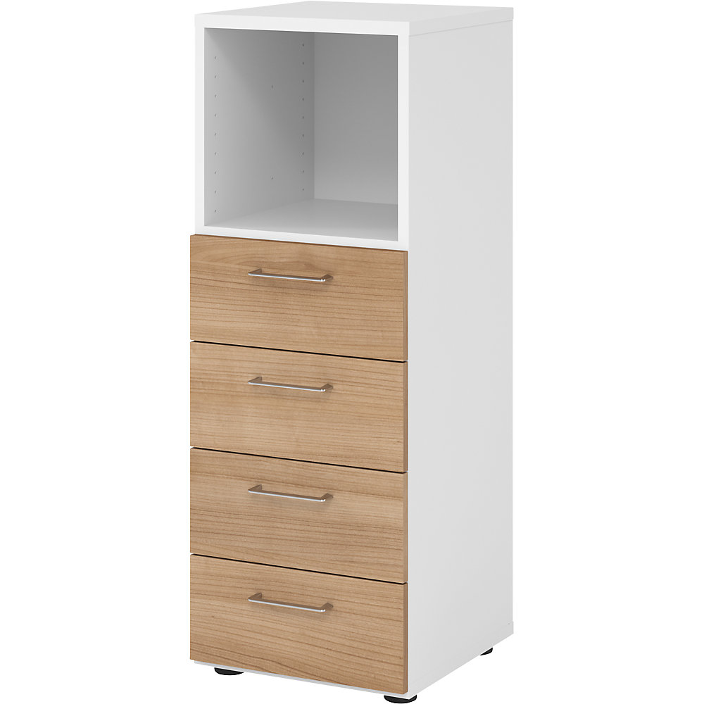 Eurokraft pro Stellingkast, 1 vak open / 4 laden, wit / notenhout