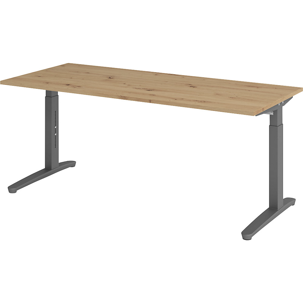 Eurokraft pro ANNY - Bureautafel met C-vormig onderstel, in hoogte verstelbaar 650 - 850 mm, breedte 1800 mm, eikenhout met noesten / grafiet