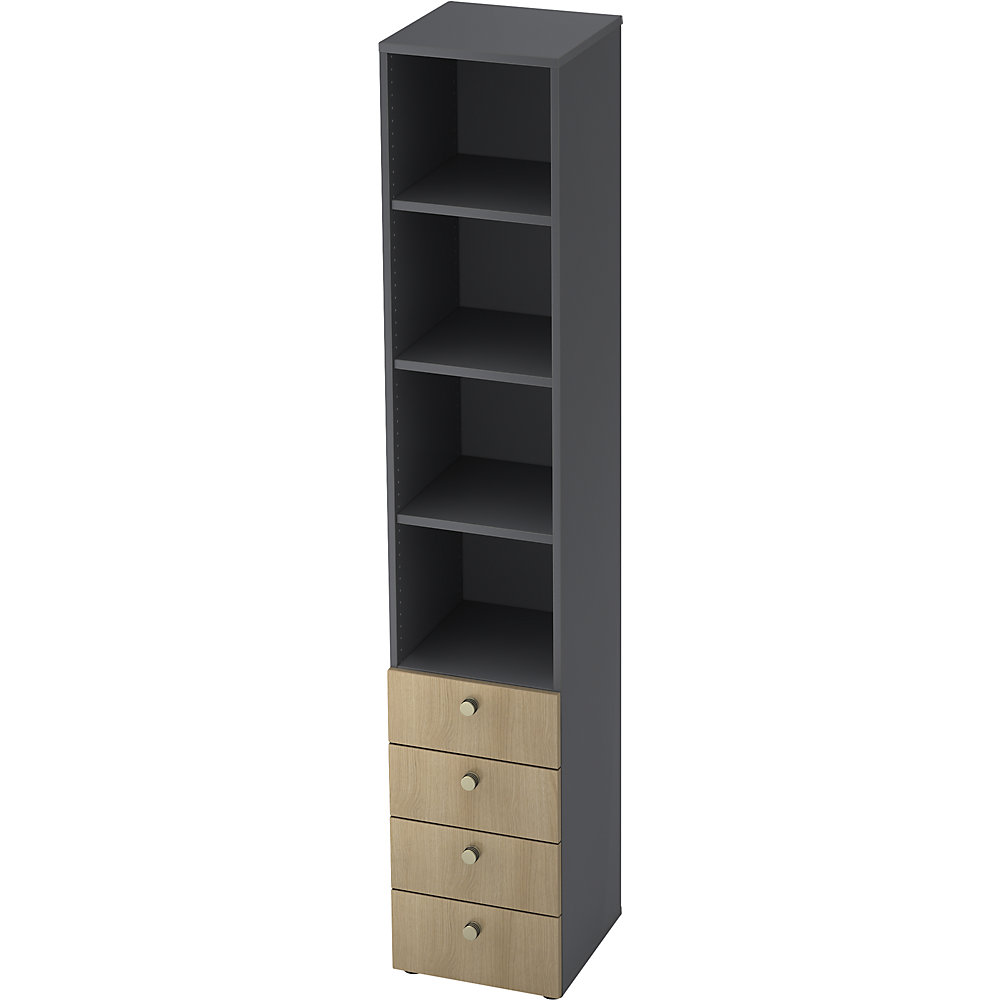 Eurokraft pro Combi-kast, 3 legborden, 4 laden, grafiet / eikenhout