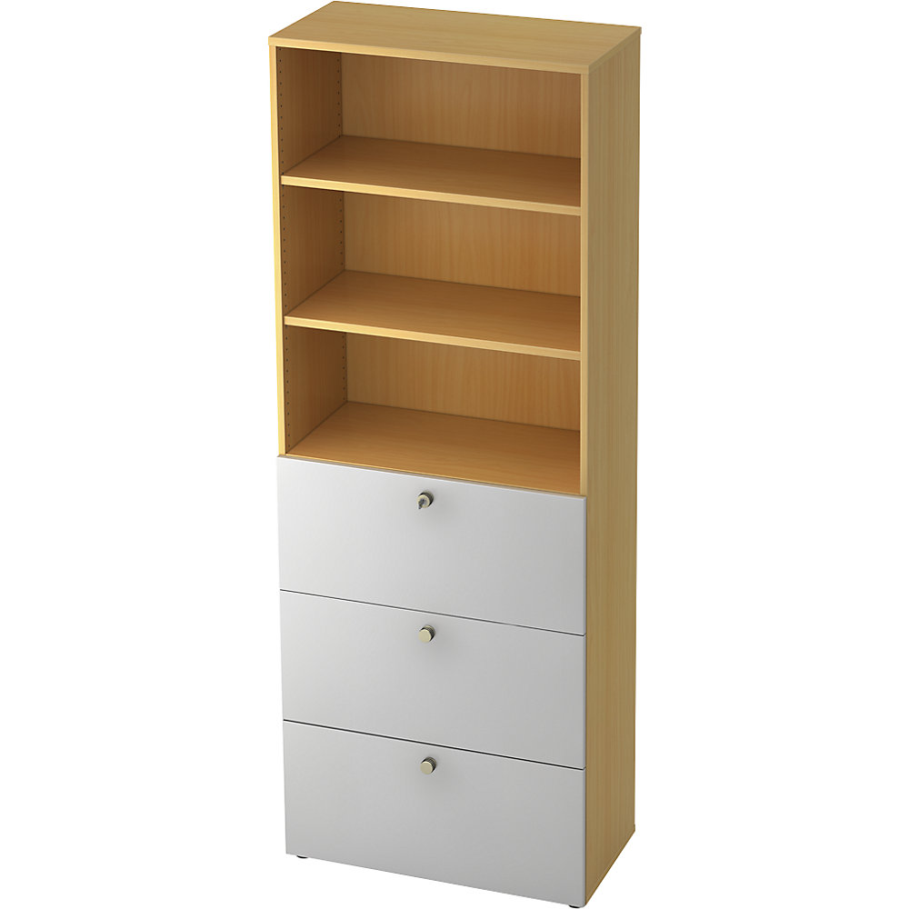 Eurokraft pro Combi-kast, 2 legborden, 3 hangmappenladen, beukenhout / aluminiumzilver