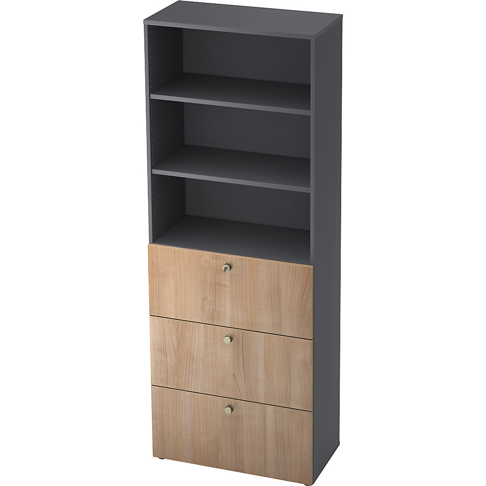 Eurokraft pro Combi-kast, 2 legborden, 3 hangmappenladen, grafiet / notenhoutdecor