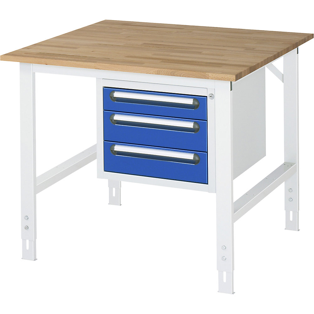 kaiserkraft Arbeitstisch mit Schubladenschrank, Unterbau-Container mit 3 Schubladen 1 x 90, 2 x 120 mm, BxT 1000 x 1000 mm, B-Platte, Stärke 25 mm