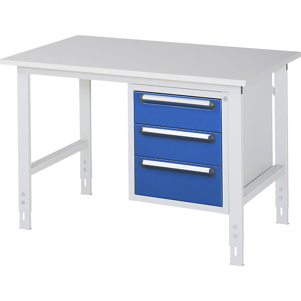 kaiserkraft Arbeitstisch mit Schubladenschrank, Unterbau-Container mit 3 Schubladen 2 x 150, 1 x 180 mm, BxT 1250 x 800 mm, M-Platte, Stärke 22 mm