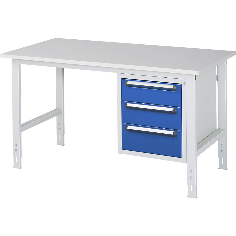 kaiserkraft Arbeitstisch mit Schubladenschrank, Unterbau-Container mit 3 Schubladen 2 x 150, 1 x 180 mm, BxT 1500 x 800 mm, M-Platte, Stärke 22 mm