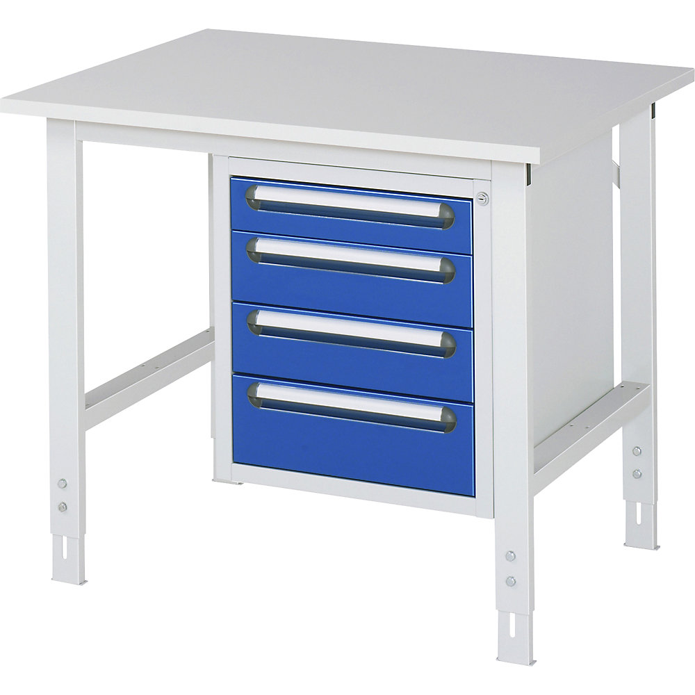 kaiserkraft Arbeitstisch mit Schubladenschrank, Unterbau-Container mit 4 Schubladen 1 x 90, 2 x 120, 1 x 140 mm, BxT 1000 x 800 mm, M-Platte, Stärke 22 mm