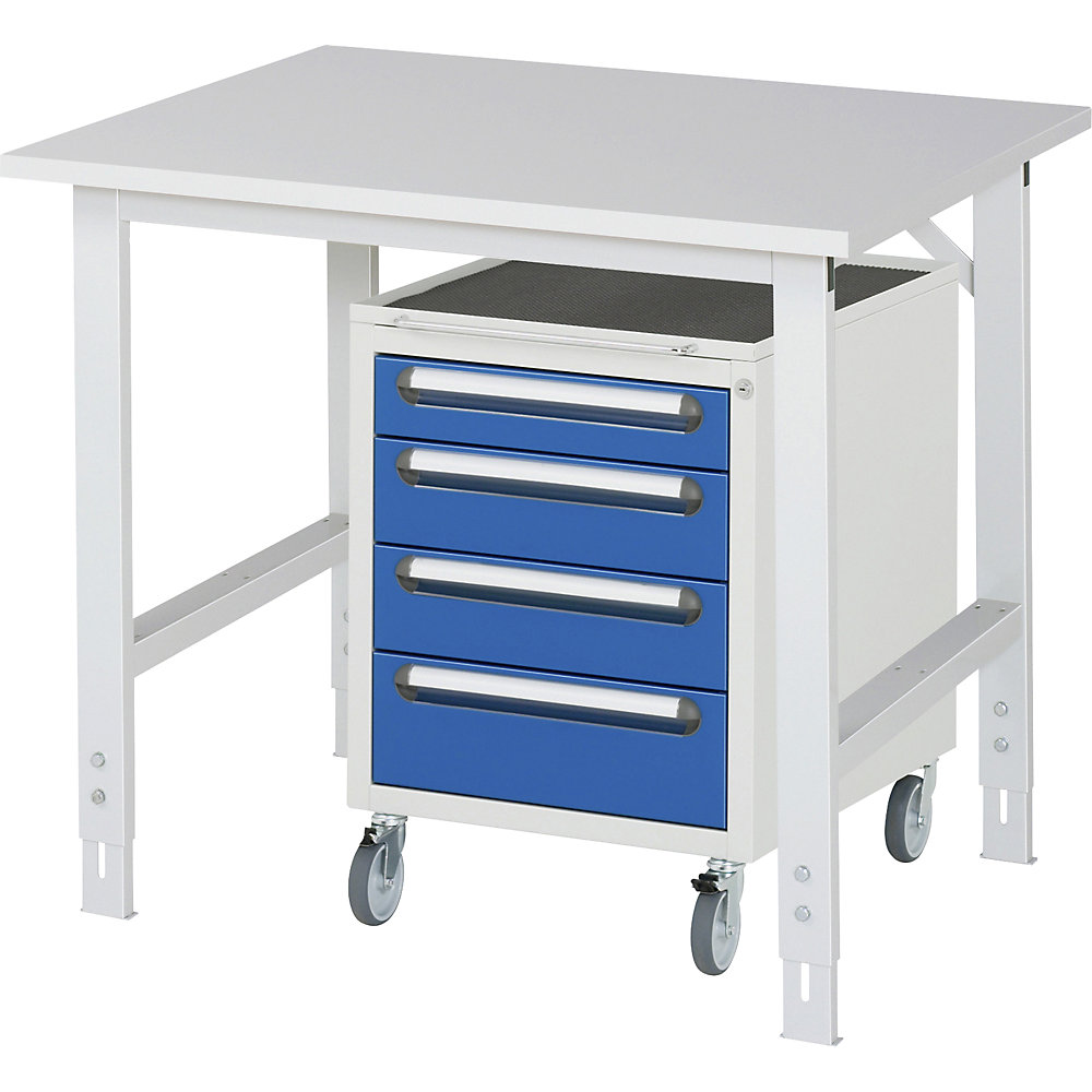 kaiserkraft Arbeitstisch mit Schubladenschrank, Roll-Container mit 4 Schubladen 1 x 90, 2 x 120, 1 x 140 mm, BxT 1000 x 800 mm, M-Platte, Stärke 22 mm