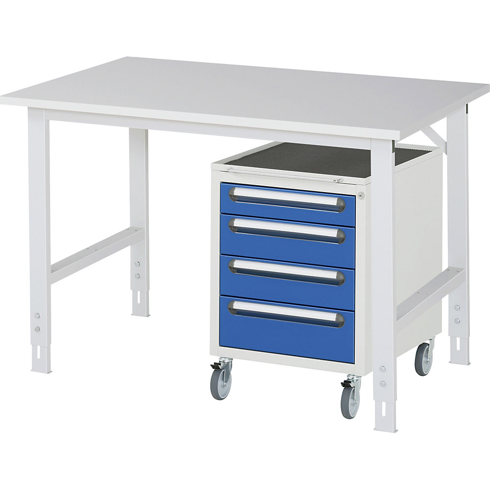 kaiserkraft Arbeitstisch mit Schubladenschrank, Roll-Container mit 4 Schubladen 1 x 90, 2 x 120, 1 x 140 mm, BxT 1250 x 800 mm, M-Platte, Stärke 22 mm