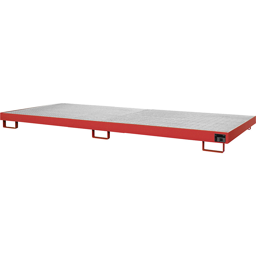 Regal-Bodenwanne, 240 l Auffangvolumen, LxBxH 3250 x 1300 x 195 mm, mit Gitterrost, feuerrot eurokraft pro