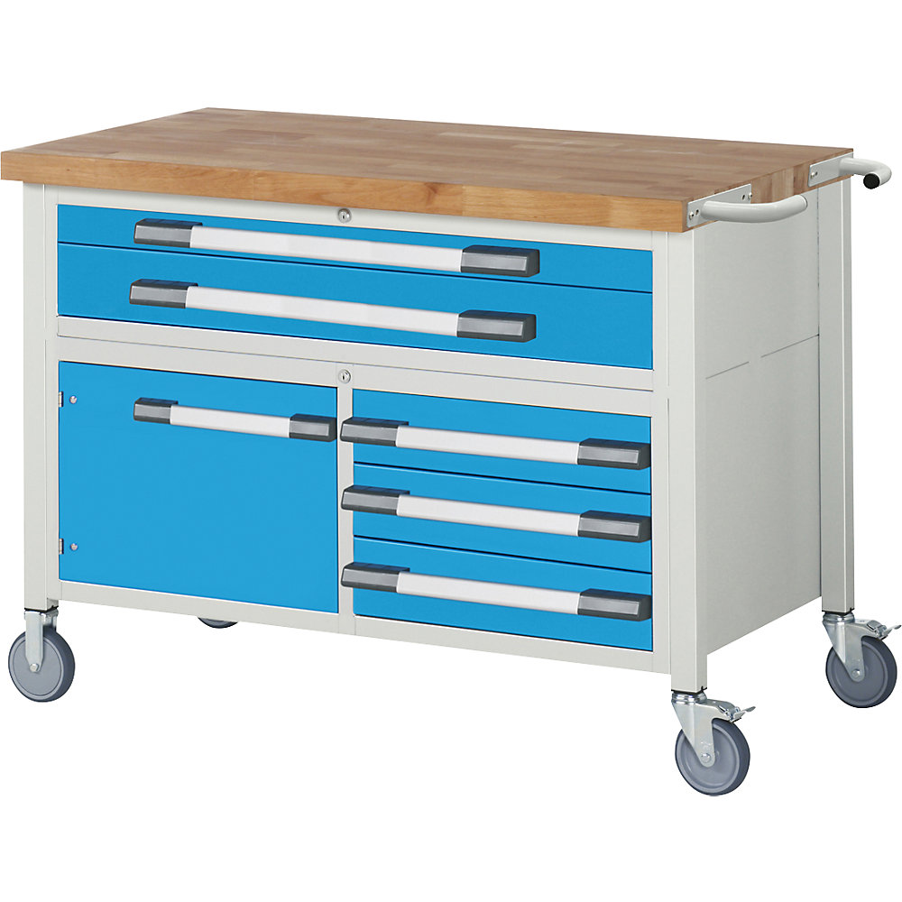 Fahrbare Werkbank Serie 8000, Gestellbauweise, 5 Schubladen, 1 Tür, Platten-BxT 1250 x 700 mm eurokraft pro