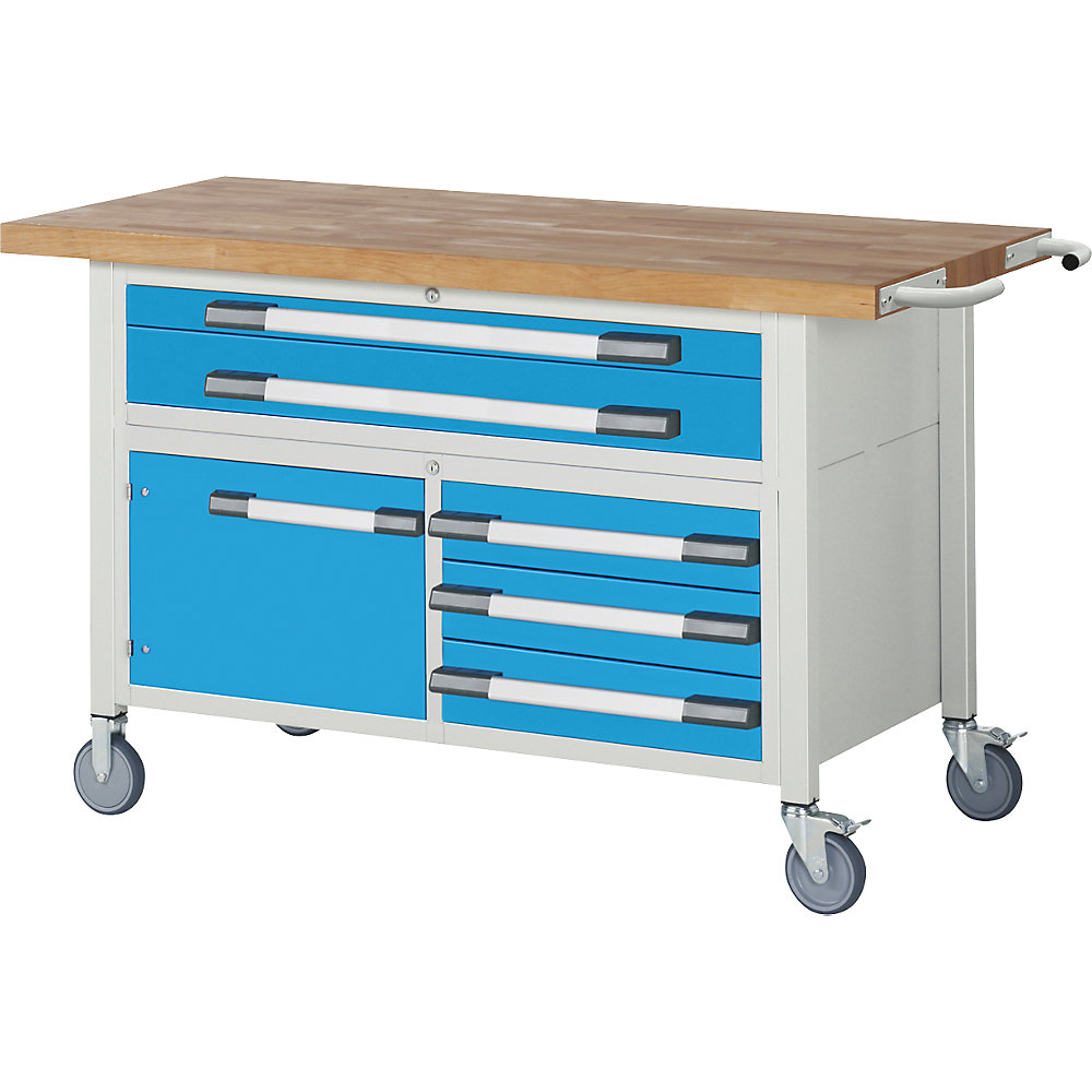 Fahrbare Werkbank Serie 8000, Gestellbauweise, 5 Schubladen, 1 Tür, Platten-BxT 1500 x 700 mm eurokraft pro