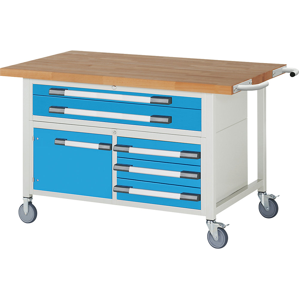 Fahrbare Werkbank Serie 8000, Gestellbauweise, 5 Schubladen, 1 Tür, Platten-BxT 1500 x 900 mm eurokraft pro
