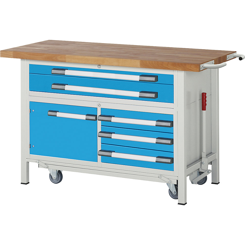 Fahr- und absenkbare Werkbank, Gestellbauweise Serie 8000, 5 Schubladen, 1 Tür, Platten-BxT 1500 x 700 mm eurokraft pro