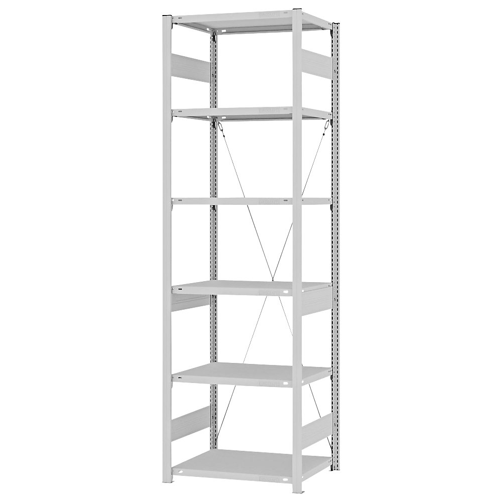 eurokraft pro Estantería ensamblable de almacén, RAL 7035, construcción semipesada, altura de estantería 2500 mm, empleo por un solo lado, profundidad de balda 500 mm, estantería básica
