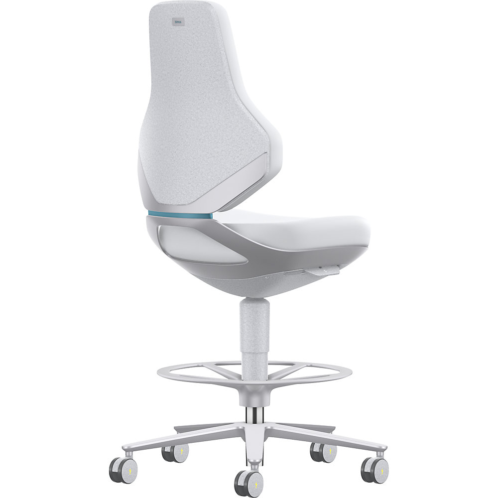 Reinraum-Arbeitsdrehstuhl TEXON, mit Sitz-Stopp-Rollen + Fußring, Höheverstellbereich 570 - 810 mm, Skintec, weiß bimos 2
