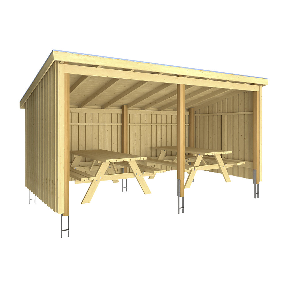 Gartenhaus PLUS "Nordic", beige (natur), Holzwerkstoff, Gartenhäuser, Gartenhaus, Picknickhütte 9,5 m² inkl. Picknicktische, Dachpappe/Aluleisten/H-Füße