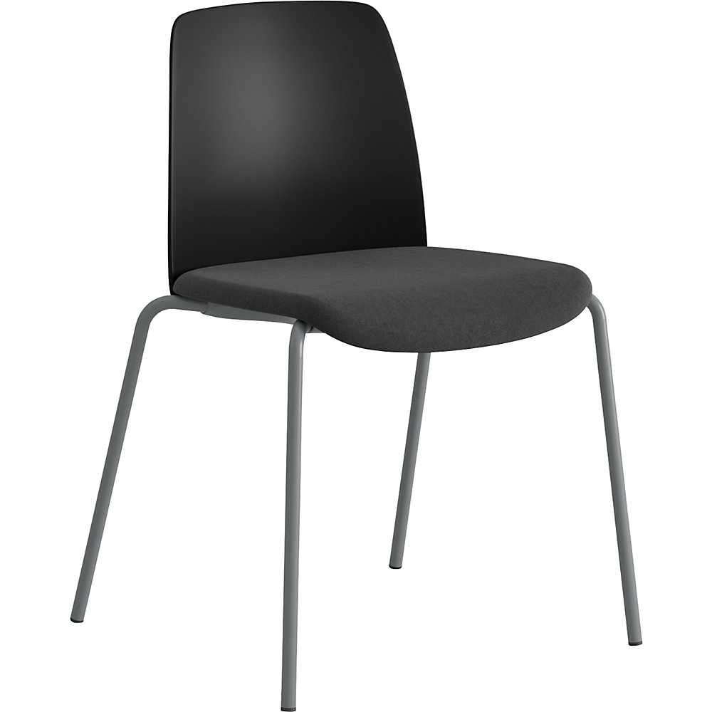 Stoel Helmer, zitting gestoffeerd, rugleuning kunststof, VE = 4 stuks, zitting zwart, onderstel zilver